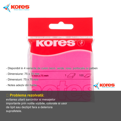 Notes adeziv Kores roz neon 75x75 mm, repozitionabil, 100 file, pentru memento-uri si mesaje [1]