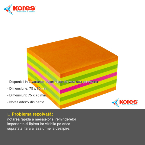Notes adeziv Kores Summer, 75x75 mm, 450 file, culori neon mixte de vara, pentru memento-uri si mesaje [1]