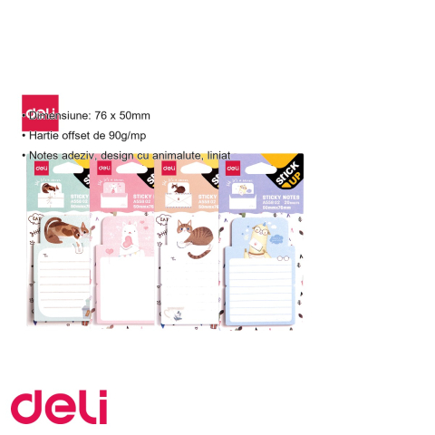 Notes adeziv liniat Deli, design cu animalute, 76x50mm, 20 file, pentru birou si scoala [2]
