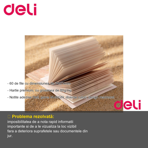 Notite adezive Deli Nusign, design marmorat, 74x74mm, 60 file, hartie premium 80g, pentru birou si organizare [1]