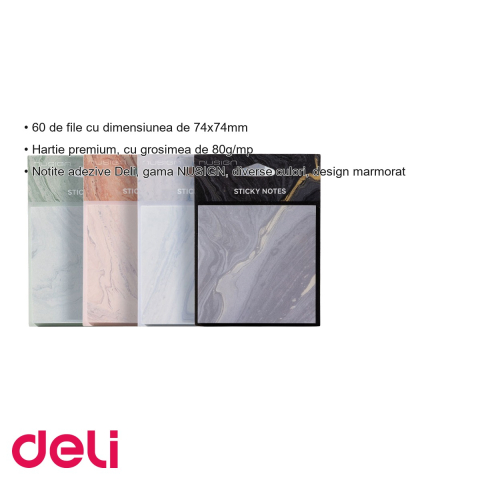 Notite adezive Deli Nusign, design marmorat, 74x74mm, 60 file, hartie premium 80g, pentru birou si organizare [2]