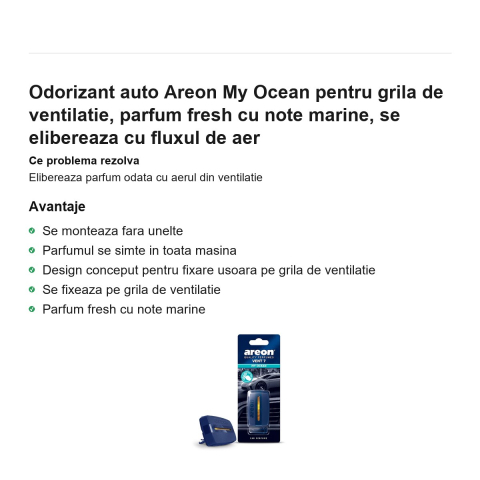 Odorizant auto Areon My Ocean pentru grila de ventilatie, parfum fresh cu note marine, se elibereaza cu fluxul de aer [1]