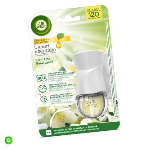 Odorizante camera - Odorizant de camera Air Wick cu aparat si rezerva de 19 ml, parfum Flori Albe, pe baza de uleiuri esentiale, neutralizeaza mirosurile, intensitate reglabila