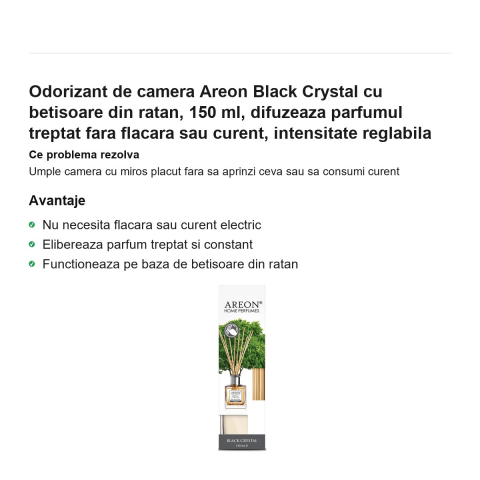 Odorizant de camera Areon Black Crystal cu betisoare din ratan, 150 ml, difuzeaza parfumul treptat fara flacara sau curent, intensitate reglabila [1]