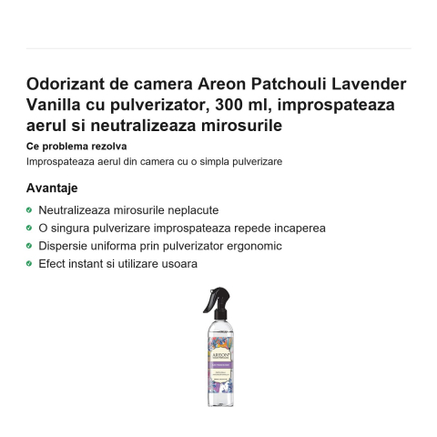 Odorizant de camera Areon Patchouli Lavender Vanilla cu pulverizator, 300 ml, improspateaza aerul si neutralizeaza mirosurile [1]