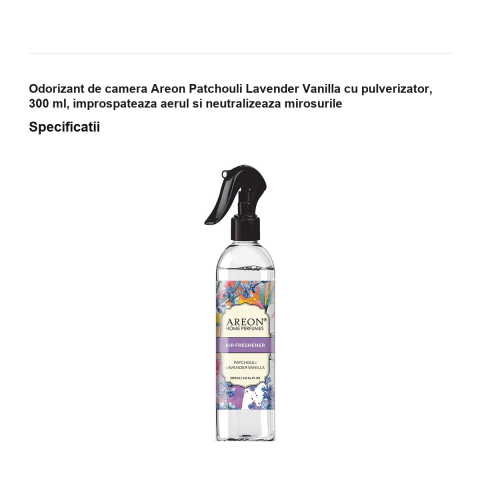 Odorizant de camera Areon Patchouli Lavender Vanilla cu pulverizator, 300 ml, improspateaza aerul si neutralizeaza mirosurile [2]