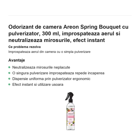 Odorizant de camera Areon Spring Bouquet cu pulverizator, 300 ml, improspateaza aerul si neutralizeaza mirosurile, efect instant [1]