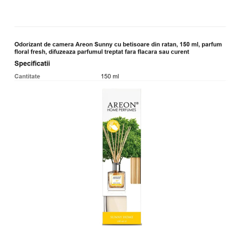 Odorizant de camera Areon Sunny cu betisoare din ratan, 150 ml, parfum floral fresh, difuzeaza parfumul treptat fara flacara sau curent [2]