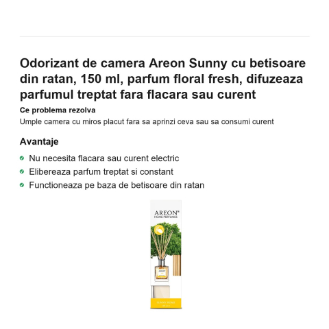 Odorizant de camera Areon Sunny cu betisoare din ratan, 150 ml, parfum floral fresh, difuzeaza parfumul treptat fara flacara sau curent [1]