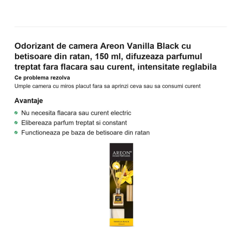 Odorizant de camera Areon Vanilla Black cu betisoare din ratan, 150 ml, difuzeaza parfumul treptat fara flacara sau curent, intensitate reglabila [1]