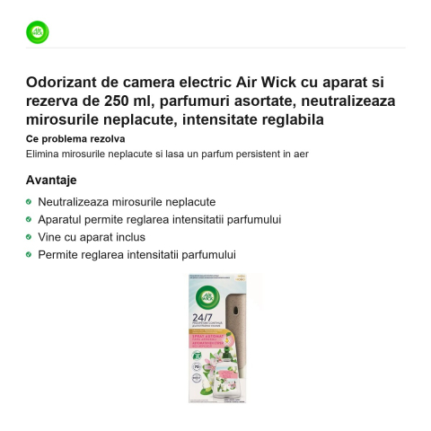 Odorizant de camera electric Air Wick cu aparat si rezerva de 250 ml, parfumuri asortate, neutralizeaza mirosurile neplacute, intensitate reglabila [1]