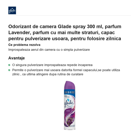 Odorizant de camera Glade spray 300 ml, parfum Lavender, parfum cu mai multe straturi, capac pentru pulverizare usoara, pentru folosire zilnica [1]