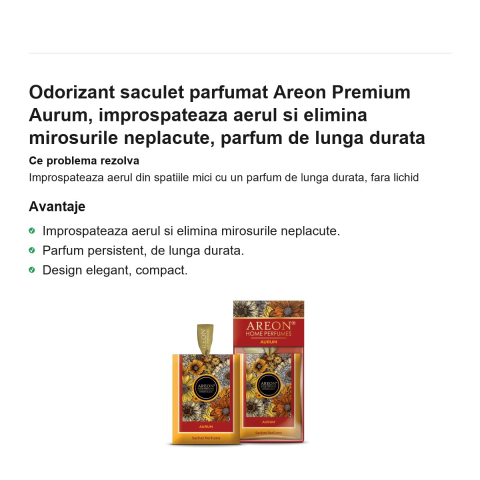 Odorizant saculet parfumat Areon Premium Aurum, improspateaza aerul si elimina mirosurile neplacute, parfum de lunga durata [1]