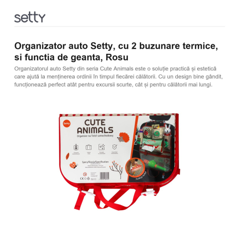 Organizator auto Setty, cu 2 buzunare termice, si functia de geanta, Rosu [1]