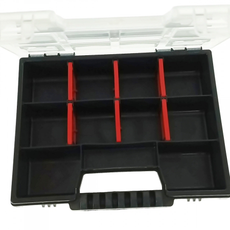 Organizator portabil cu maner, 10 compartimente cu despartitoare detasabile, 195x155x35mm, capac transparent, negru [3]