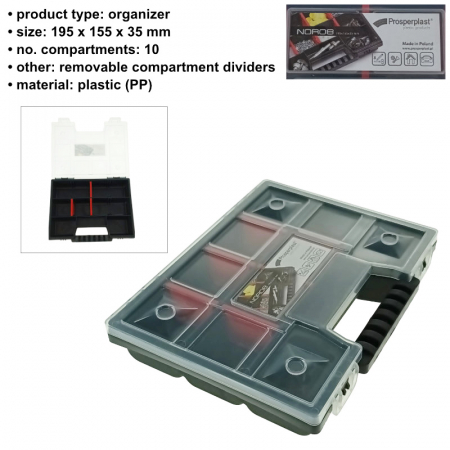 Organizator portabil cu maner, 10 compartimente cu despartitoare detasabile, 195x155x35mm, capac transparent, negru [5]