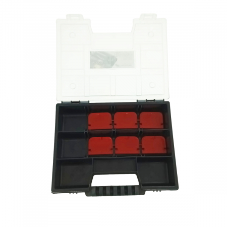 Articole ambalare - Organizator portabil cu maner, 10 compartimente cu despartitoare detasabile, 195x155x35mm, capac transparent, negru
