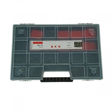Articole ambalare - Organizator portabil cu maner, 20 compartimente cu despartitoare detasabile, 290x195x35mm, capac transparent, negru