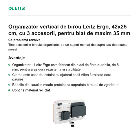 Organizator vertical de birou Leitz Ergo, 42x25 cm, cu 3 accesorii, pentru blat de maxim 35 mm [1]