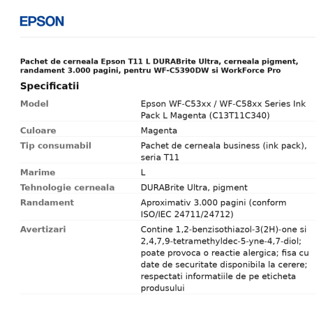 Pachet de cerneala Epson T11 L DURABrite Ultra, cerneala pigment, randament 3.000 pagini, pentru WF-C5390DW si WorkForce Pro WF-C5890DWF, magenta, C13T11C340 [2]
