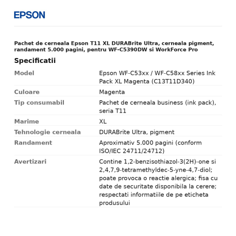 Pachet de cerneala Epson T11 XL DURABrite Ultra, cerneala pigment, randament 5.000 pagini, pentru WF-C5390DW si WorkForce Pro WF-C5890DWF, magenta, C13T11D340 [2]