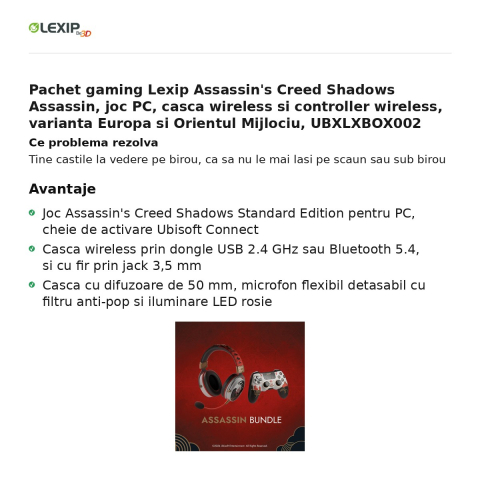 Pachet gaming Lexip Assassin's Creed Shadows Assassin, joc PC, casca wireless si controller wireless, varianta Europa si Orientul Mijlociu, UBXLXBOX002 [1]