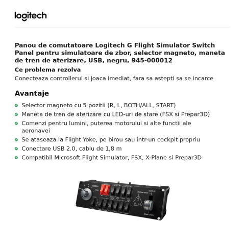 Panou de comutatoare Logitech G Flight Simulator Switch Panel pentru simulatoare de zbor, selector magneto, maneta de tren de aterizare, USB, negru, 945-000012 [1]