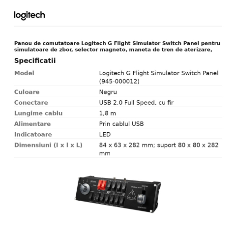 Panou de comutatoare Logitech G Flight Simulator Switch Panel pentru simulatoare de zbor, selector magneto, maneta de tren de aterizare, USB, negru, 945-000012 [2]