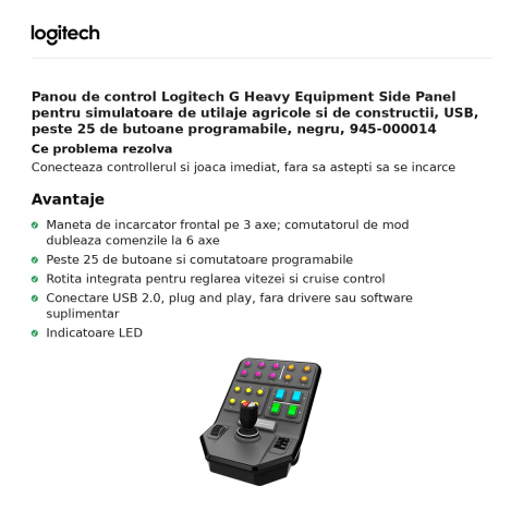 Panou de control Logitech G Heavy Equipment Side Panel pentru simulatoare de utilaje agricole si de constructii, USB, peste 25 de butoane programabile, negru, 945-000014 [1]