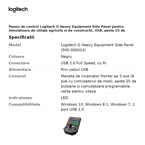Panou de control Logitech G Heavy Equipment Side Panel pentru simulatoare de utilaje agricole si de constructii, USB, peste 25 de butoane programabile, negru, 945-000014 [2]