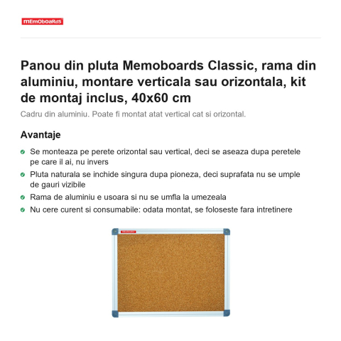 Panou din pluta Memoboards Classic, rama din aluminiu, montare verticala sau orizontala, kit de montaj inclus, 40x60 cm [1]
