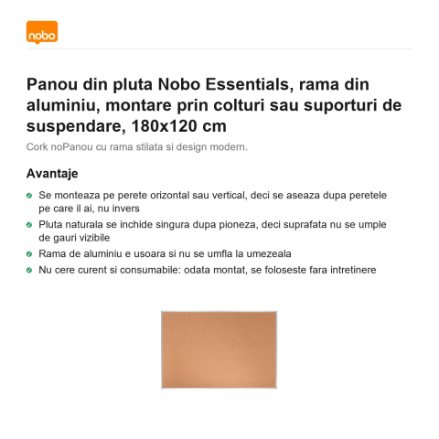 Panou din pluta Nobo Essentials, rama din aluminiu, montare prin colturi sau suporturi de suspendare, 180x120 cm [1]