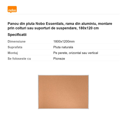 Panou din pluta Nobo Essentials, rama din aluminiu, montare prin colturi sau suporturi de suspendare, 180x120 cm [2]