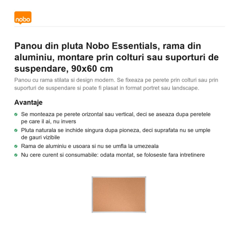 Panou din pluta Nobo Essentials, rama din aluminiu, montare prin colturi sau suporturi de suspendare, 90x60 cm [1]