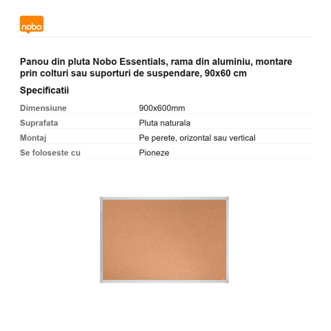 Panou din pluta Nobo Essentials, rama din aluminiu, montare prin colturi sau suporturi de suspendare, 90x60 cm [2]