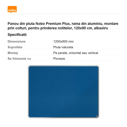Panou din pluta Nobo Premium Plus, rama din aluminiu, montare prin colturi, pentru prinderea notitelor, 120x90 cm, albastru [2]