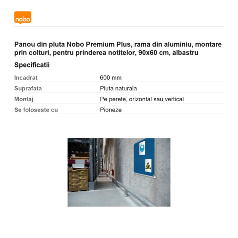 Panou din pluta Nobo Premium Plus, rama din aluminiu, montare prin colturi, pentru prinderea notitelor, 90x60 cm, albastru [2]