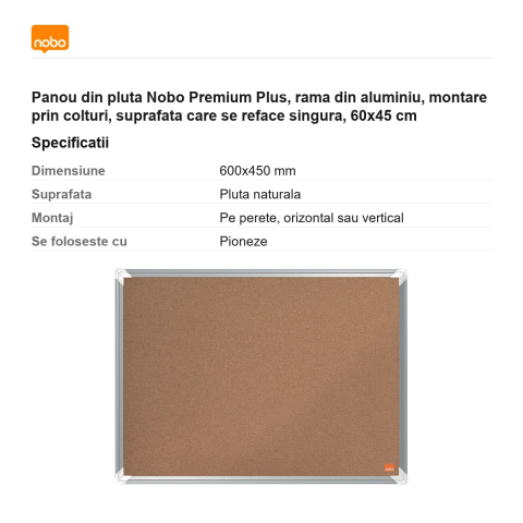 Panou din pluta Nobo Premium Plus, rama din aluminiu, montare prin colturi, suprafata care se reface singura, 60x45 cm [2]