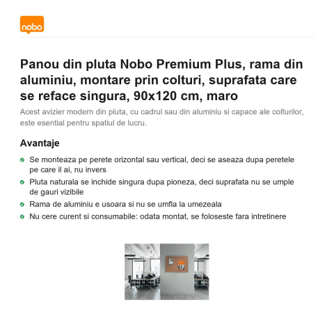 Panou din pluta Nobo Premium Plus, rama din aluminiu, montare prin colturi, suprafata care se reface singura, 90x120 cm, maro [1]