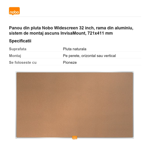 Panou din pluta Nobo Widescreen 32 inch, rama din aluminiu, sistem de montaj ascuns InvisaMount, 721x411 mm [2]