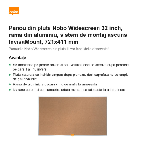 Panou din pluta Nobo Widescreen 32 inch, rama din aluminiu, sistem de montaj ascuns InvisaMount, 721x411 mm [1]