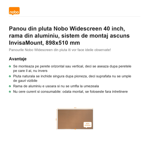 Panou din pluta Nobo Widescreen 40 inch, rama din aluminiu, sistem de montaj ascuns InvisaMount, 898x510 mm [1]