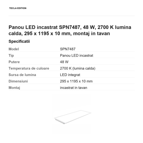 Panou LED incastrat SPN7487, 48 W, 2700 K lumina calda, 295 x 1195 x 10 mm, montaj in tavan [2]
