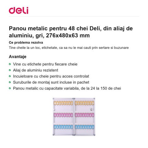 Panou metalic pentru 48 chei Deli, din aliaj de aluminiu, gri, 276x480x63 mm [1]