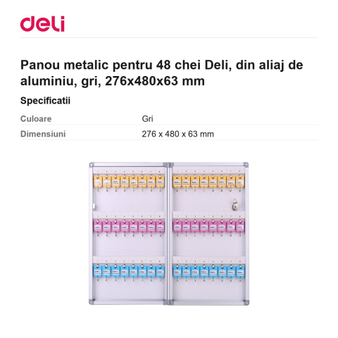 Panou metalic pentru 48 chei Deli, din aliaj de aluminiu, gri, 276x480x63 mm [2]