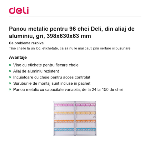 Panou metalic pentru 96 chei Deli, din aliaj de aluminiu, gri, 398x630x63 mm [1]