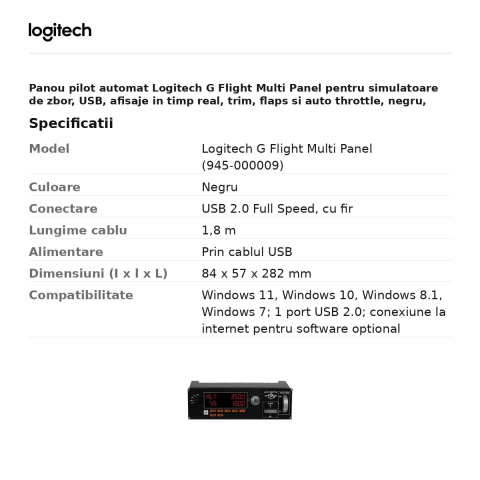Panou pilot automat Logitech G Flight Multi Panel pentru simulatoare de zbor, USB, afisaje in timp real, trim, flaps si auto throttle, negru, 945-000009 [2]