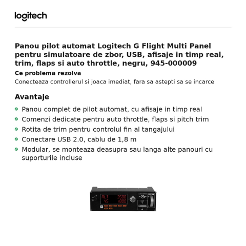 Panou pilot automat Logitech G Flight Multi Panel pentru simulatoare de zbor, USB, afisaje in timp real, trim, flaps si auto throttle, negru, 945-000009 [1]