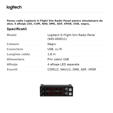 Panou radio Logitech G Flight Sim Radio Panel pentru simulatoare de zbor, 4 afisaje LED, COM, NAV, DME, ADF, XPDR, USB, negru, 945-000011 [2]