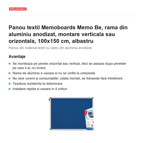 Panou textil Memoboards Memo Be, rama din aluminiu anodizat, montare verticala sau orizontala, 100x150 cm, albastru [1]